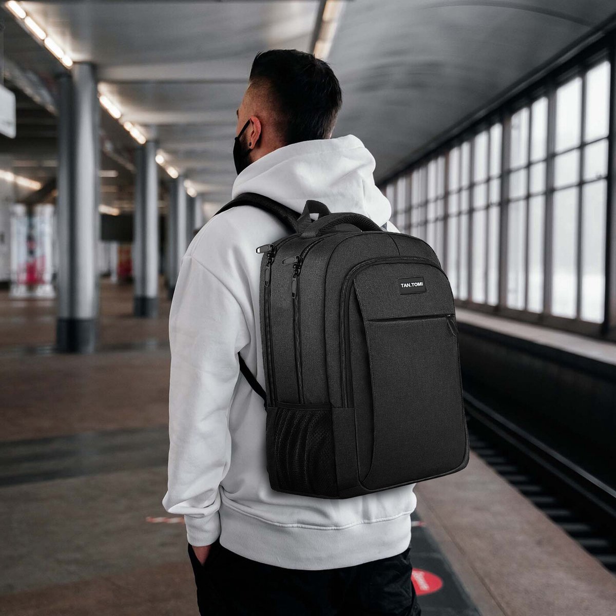 TAN.TOMI Laptop Rugzak 17.3 Inch – Grote Rugzak 36L voor School, Werk en Reizen – Spatwaterdichte Schooltas met USB-poort – Laptop Backpack voor Dames en Heren – Zwart – foto 2