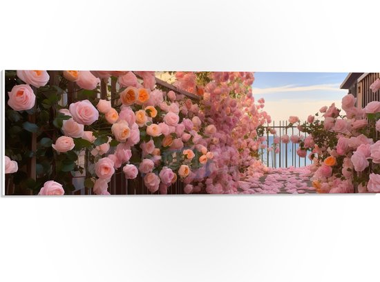 PVC Schuimplaat - Bloemen - Bladeren - Rozen - Hek - Roze - 60x20 cm Foto op PVC Schuimplaat (Met Ophangsysteem)