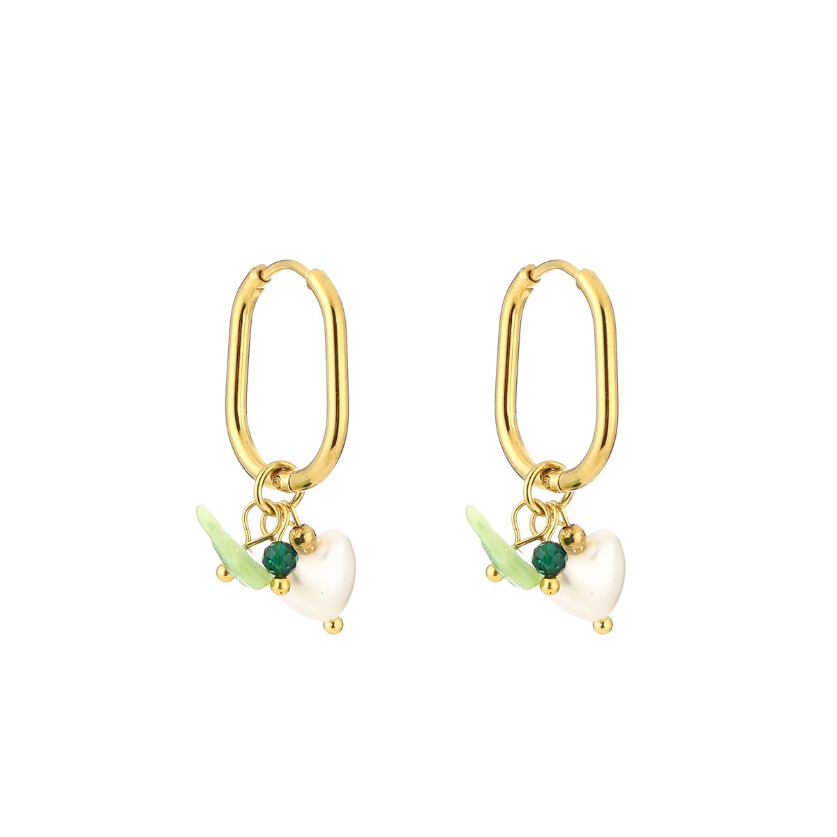 Michelle Bijou, oorbellen, goud/groen, stainless steel