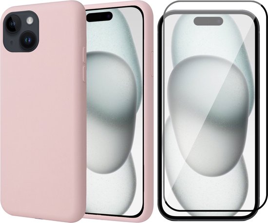 Coque iPhone 15 Plus - Protecteur d'écran FullGuard - Coque arrière SoftTouch Rose & Protecteur d'écran