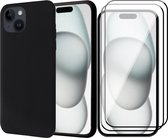 Hoesje geschikt voor iPhone 15 Plus - 2x Screen Protector FullGuard - Back Cover Case SoftTouch Zwart & Screenprotector