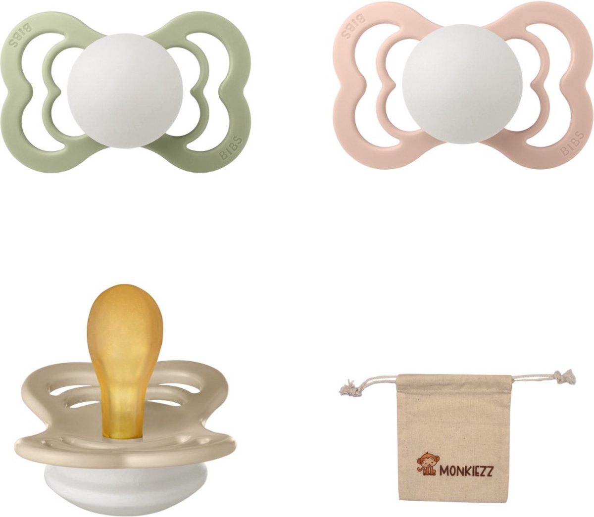 Goedkoopste BIBS Supreme Fopspenen - Maat 2 6-18 maanden - Latex – Glow in the dark Sage - Blush– Vanilla Monkiezz speenzakje