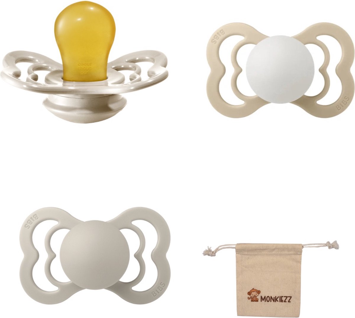Goedkoopste BIBS Supreme Fopspenen - Maat 2 6-18 maanden - Latex – Vanilla – Sand– Glow in the dark Vanilla Monkiezz speenzakje