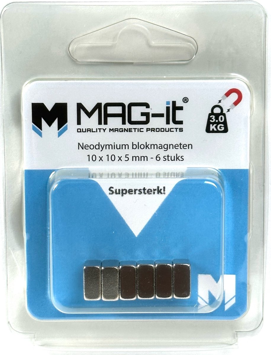 MAG-it® neodymium blokmagneten 10x10x5 mm – 6 stuks verpakking – Zeer sterk – trekkracht 3,0 KG – Superkwaliteit!