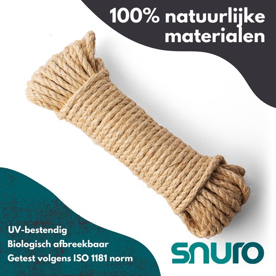 Een rol natuurlijk sisaltouw met de tekst '100% natuurlijke materialen'.