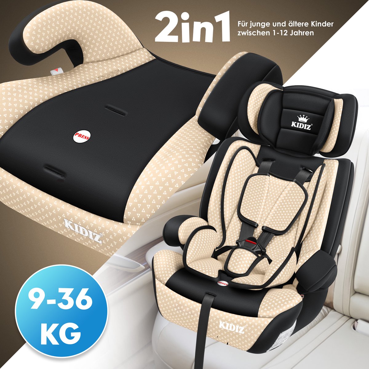 KIDIZ® kinderautostoeltje | kuip autostoeltje | 9 kg - 36 kg 1-12 jaar | groep 1/2 / 3 | universeel | goedgekeurd volgens ECE R44/04 | 6 verschillende kleuren | - Beige thumbnail 2