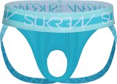 Sukrew U-Style Jockstrap Scuba Blauw - Taille M - Sous-vêtements sexy pour hommes - Jockstrap avec devant ouvert