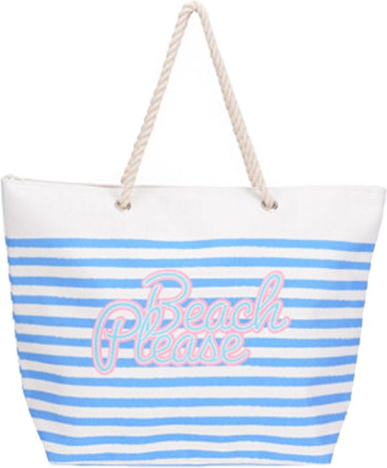 Strandtas met handvat wit/blauw gestreept met Beach Please print polyester 38 x 39 cm - Strandtassen