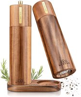 Zout- en pepermolen, houten set met keramische molen incl. onderzetter, 21,5 cm, kruidenmolen van fijn acaciahout, pepermolen van hout, groot, keukenhulp, cadeau-idee