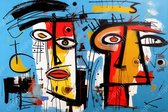 JJ-Art (Glas) 120x80 | Man vrouw en hond, abstract in Herman Brood stijl, kleurrijk, felle kleuren, kunst, woonkamer slaapkamer | dier, mens, bruin, rood, blauw, modern | Foto-schilderij-glasschilderij-acrylglas-acrylaat-wanddecoratie