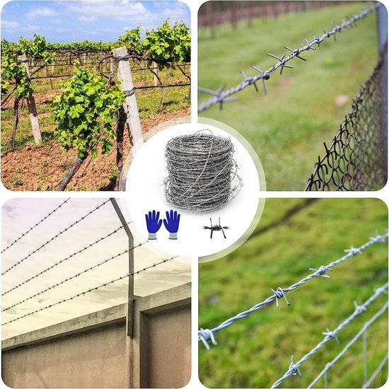 Fil Barbelé Galvanisé YAGJIA 16m - Clôture Sécurité 4 Pointes Pour Jardin, Balcon Ou Bricolage | Avec Gants De Protection