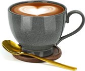 koffiemokken, grote koffiemok, 500 ml, grote keramische koffiemokken, dikwandige koffiekopjes met schotel en lepel, vintage koffiekop, grote espressokopjes (grijs)