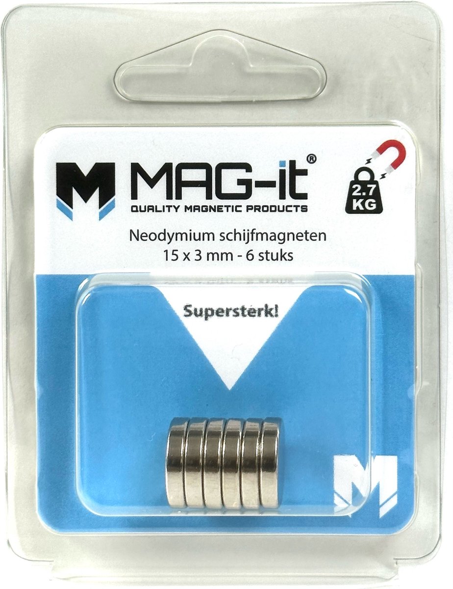 MAG-it® neodymium schijfmagneten 15x3 mm – 6 stuks verpakking – Zeer sterk – trekkracht 2,7 KG – Superkwaliteit!