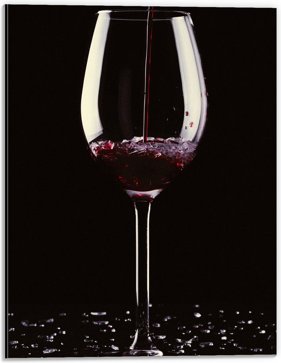 Dibond - Wijn - Wijnglas - Drank - Scherven - Schenken - Rood - 30x40 cm Foto op Aluminium (Wanddecoratie van metaal)