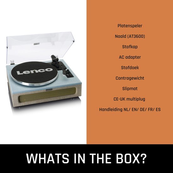 Lenco platenspeler met zwarte plaat, blauw stoffen behuizing en gele speakergrille. Rechts staat "Whats in the box?" met een lijst van onderdelen.