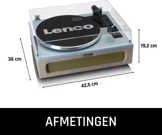 Afmetingen van Lenco platenspeler: breedte 42,5 cm, diepte 36 cm, hoogte 19,2 cm. De platenspeler heeft een blauw stoffen behuizing.