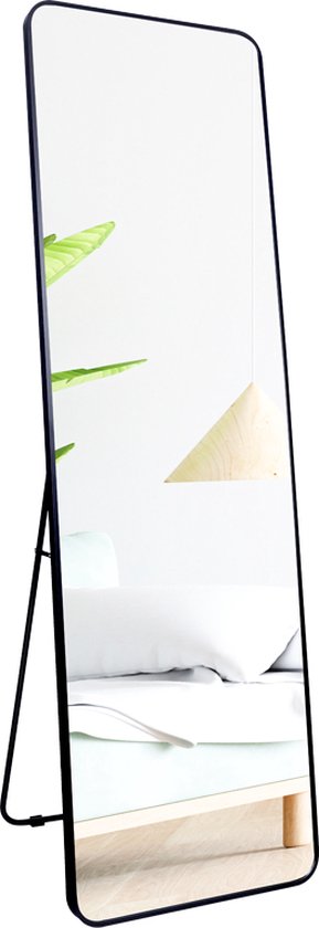 SensaHome Miroir pleine longueur – Miroir 2 en 1 – Miroir sur pied – Miroir suspendu – Grand miroir mural – Cadre en aluminium brossé – Verre de sécurité – Design industriel et moderne – 160 x 50 cm – Zwart