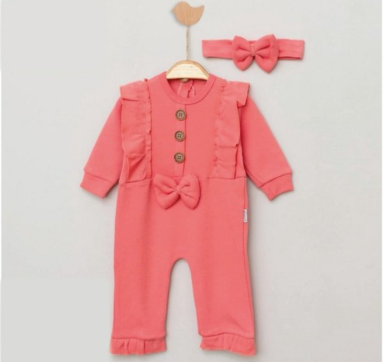 Boxpak meisje - gedroogde rode roos - maat: 68 - kraamcadeau - 2-delig- Jumpsuit Baby - babykleertje - Met drukknoopjes - fiyonk