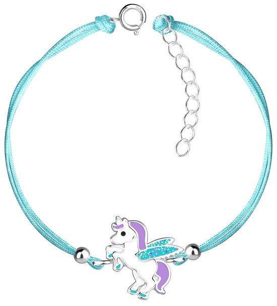 Joy|S - Zilveren eenhoorn bedel armband - unicorn bedel sterling zilver 925 - turquoise blauw koord - th53