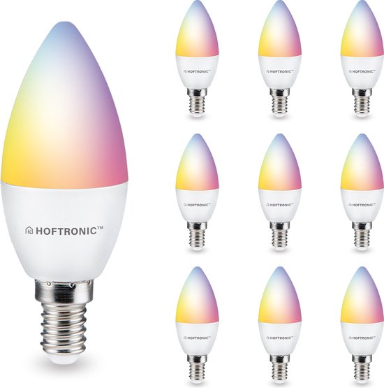Set van 10 E14 SMART LED Lamp - RGBWW - Wifi & Bluetooth - 5.5 Watt - 470lm - C37 - Dimbaar via App