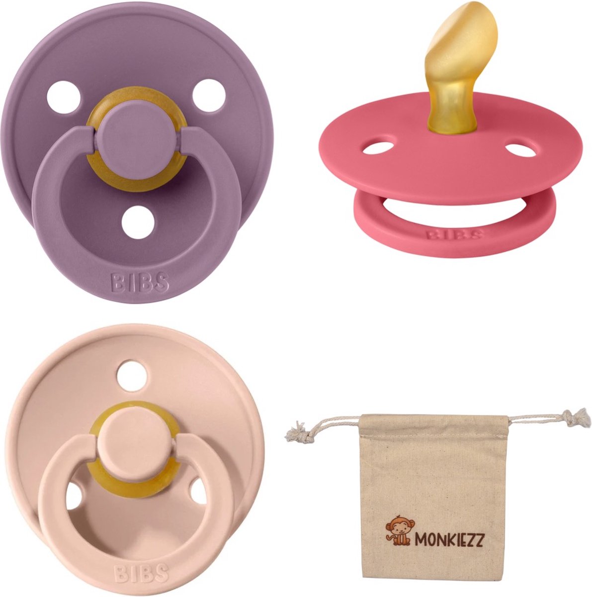 Goedkoopste Bibs Dental fopspenen Anatomical 6-18 maanden- Set 3 stuks- Mauve, Coral, Blush- Monkiezz speenzakje - orthodontisch- Anatomisch- Maat 2