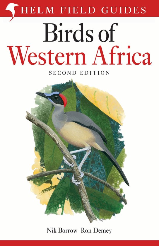 Helm Field Guides Birds of Western Africa, tweede editie. Met een vogel met blauwe kop en rode vlek op de kop op een tak.