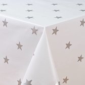 Kerst tafelzeil/ tafelkleed PVC - op koker verzonden (geen vouwen) Kerst sterren wit/zilver - 300x140cm - Huistuinentafelzeil.nl