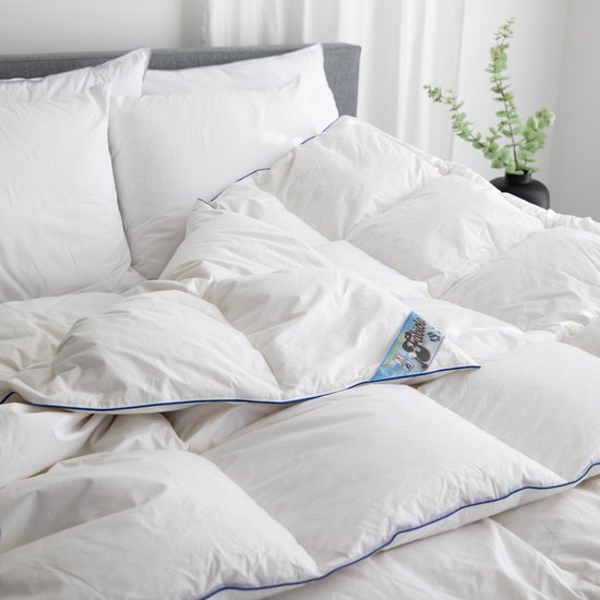 Een witte 'Fabiola' donsdeken met blauwe bies, deels opgemaakt op een bed, met een plant op de achtergrond.