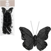 House of Seasons decoratie vlinders op clip - 6x stuks - zwart - 10 cm