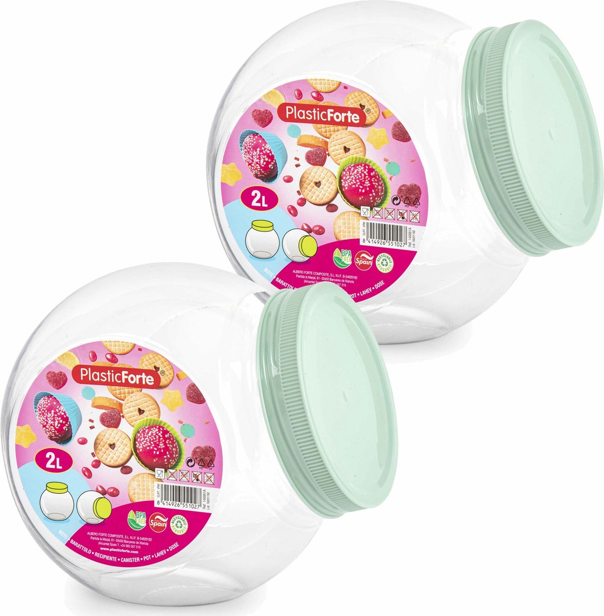 Forte Plastics Snoeppot/voorraadpot - 2x - 2L - mint groen - kunststof - D12 x H17 cm