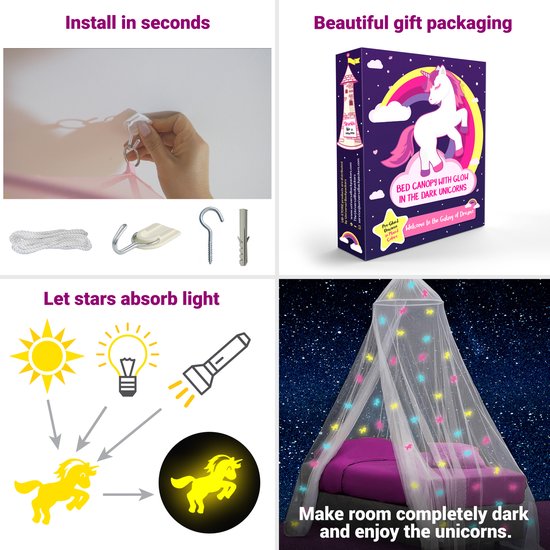 Klamboe met Glow in the Dark Eenhoorns - Hemelbed voor Kinderkamer of Volwassenen - Eenhoorn Sluier, Hemeltje en Bedtent - Baby Muggennet Bedhemel Decoratie — afbeelding 4