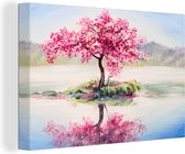 Canvas - Bloesemboom - Sakura - Olieverf - Water - Natuur - 120x80 cm - Schilderijen op canvas - Canvas doek - Muurdecoratie