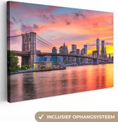 Canvas Schilderij New York - Zon - Brooklyn bridge - 90x60 cm - Wanddecoratie