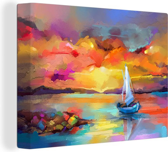 Toile - Huile - Peinture - Bateau - Nuages ​​- Couleurs - 40x30 cm - Intérieur - Peintures sur toile