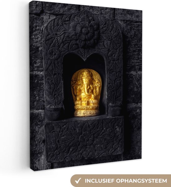 Canvas schildersdoek - Foto op canvas - Woonkamer decoratie - Ganesha beeld - Goud - Spiritueel - Bakstenen - Zwart - 30x40 cm