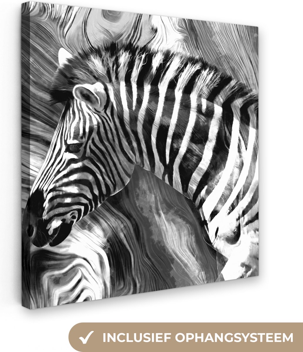 Canvas - Olieverf - Schilderij - Zebra - Zwart-wit - Dieren - 50x50 cm - Woondecoratie - Schilderijen op canvas