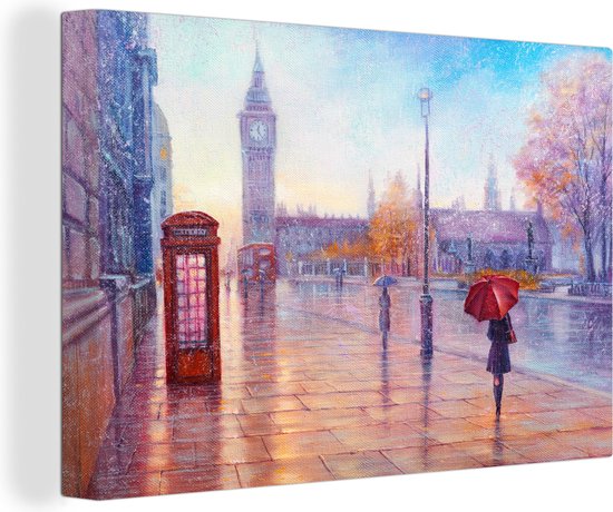 Canvas - Olieverf - Schilderij - Londen - Telefoon - Big Ben - 120x80 cm - Muurdecoratie - Interieur