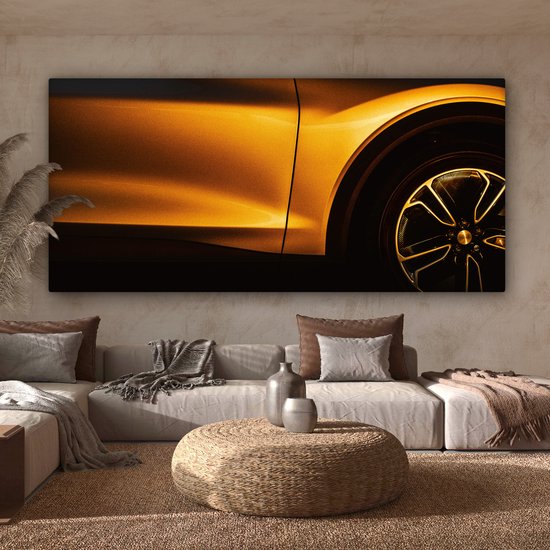 Canvas schilderij - Gouden auto 160x80 - Kamer decoratie accessoires - Schilderijen goud woonkamer - Wanddecoratie slaapkamer - Muurdecoratie keuken - Wall decoration - Wanddoek interieur binnen - Woondecoratie huis - Woonaccessoires