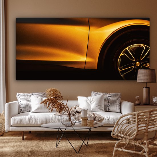 Canvas schilderij - Gouden auto 160x80 - Kamer decoratie accessoires - Schilderijen goud woonkamer - Wanddecoratie slaapkamer - Muurdecoratie keuken - Wall decoration - Wanddoek interieur binnen - Woondecoratie huis - Woonaccessoires