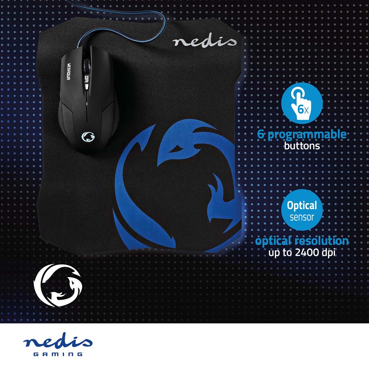 Nedis Gaming Muis & Muismat – Bedraad – 2400 DPI – Optisch – Ergonomisch – Zwart thumbnail 6