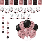 Verjaardag Versiering Pakket 30 Jaar - Zwart - Roze - 14 Stuks - Versiering - Decoratie - Feestpakket - Leeftijden - Slinger - Ballonnen - Hangdecoratie - Swirls