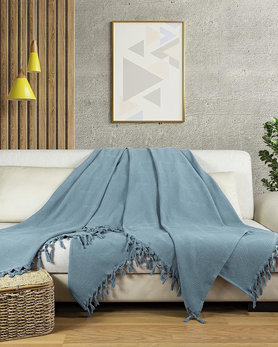LAYNENBURG Premium Tagesdecke mit handgeknüpften Fransen - 100% Baumwolle - 150 x 220 cm