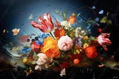 JJ-Art (Glas) 60x40 | Bloemen, boeket, stilleven, geschilderde stijl, kunst | abstract, kleurrijk, felle kleuren, blauw, rood, oranje, geel, groen, roze, modern | Foto-schilderij-glasschilderij-acrylglas-acrylaat-wanddecoratie