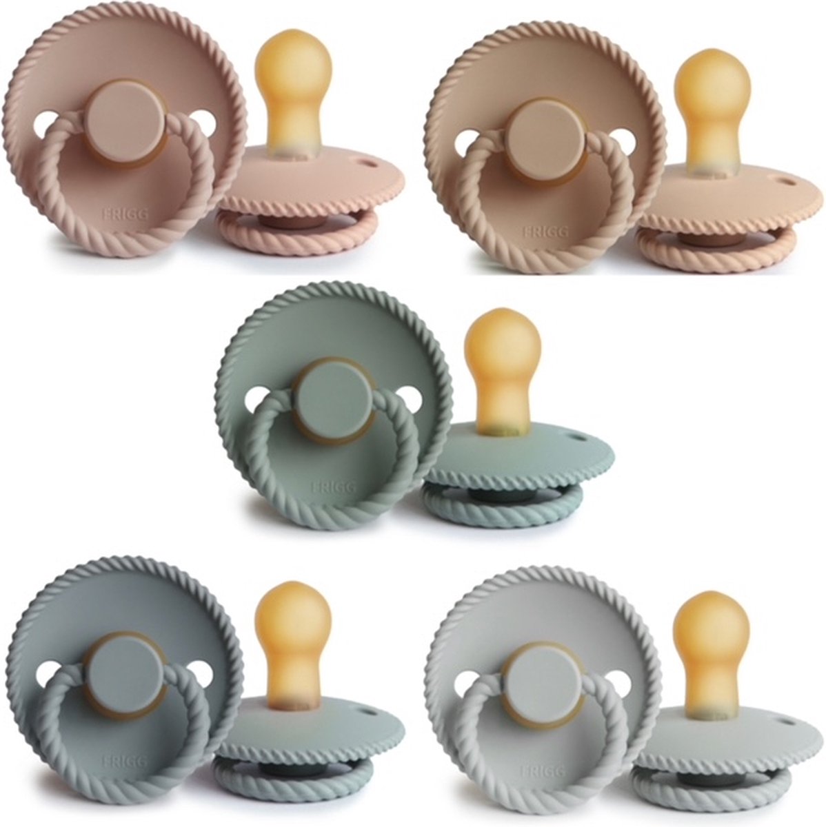 Goedkoopste FRIGG ROPE Fopspeen set 5 stuks Blush,Croissant,Sage,French Gray en Silver Gray 0-6 maand