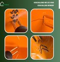 Vier toepassingen van de plastic laspistool op een oranje oppervlak met verschillende lasnieten.