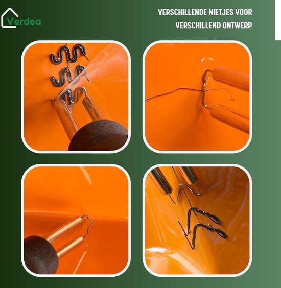 Vier toepassingen van de plastic laspistool op een oranje oppervlak met verschillende lasnieten.