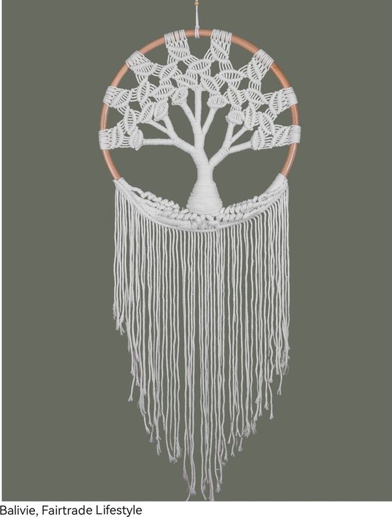 Balivie - Wandkleed - Macramé - Tree of Life - Hand geknoopt katoen binnen een frame van Rotan in cirkel vorm - Wit - ø 40 cm D 2 cm L 120 cm