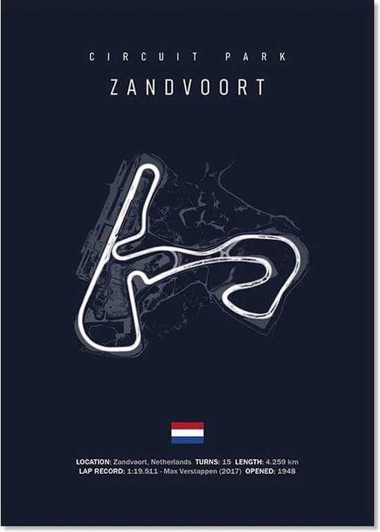 Zandvoort Circuit op Blauw Canvas - Inclusief Lijst - Met Plaatselijke Omgevingsdetails - Formule 1 - Poster - 30x40cm - Wanddecoratie - Max Verstappen - Cadeau - Vaderdag