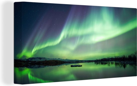 Canvas Schilderij Noorderlicht - Meer - IJsland - Groen - Bos - Sneeuw - 80x40 cm - Wanddecoratie