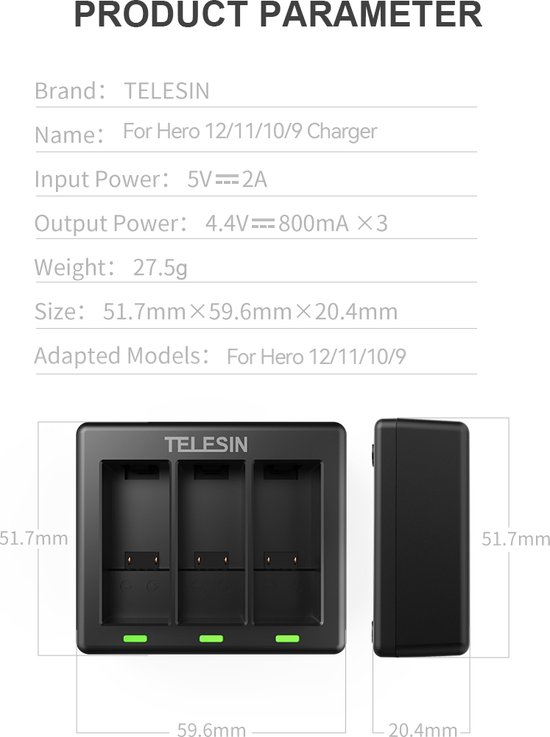 TELESIN Chargeur Triple et boîte de Stockage de Batterie avec Chargeur à 3  canaux pour GoPro Hero 12 Hero 11 Hero 10 Hero 9 Black (Chargeur Unique)